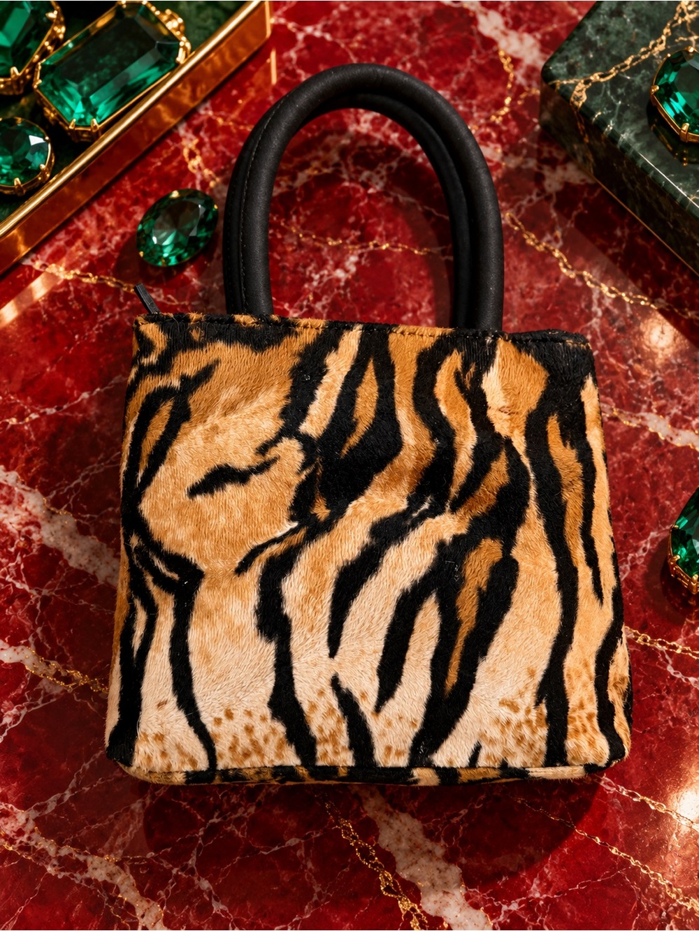 GIANNINI Vintage Tiger Print Faux Fur Mini Handbag Top Handle Y2K Statement Bag